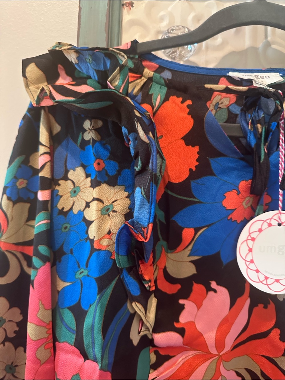 Umgee Black Floral Ruffle-Neck Long Sleeve Blouse - Picture 2 of 6